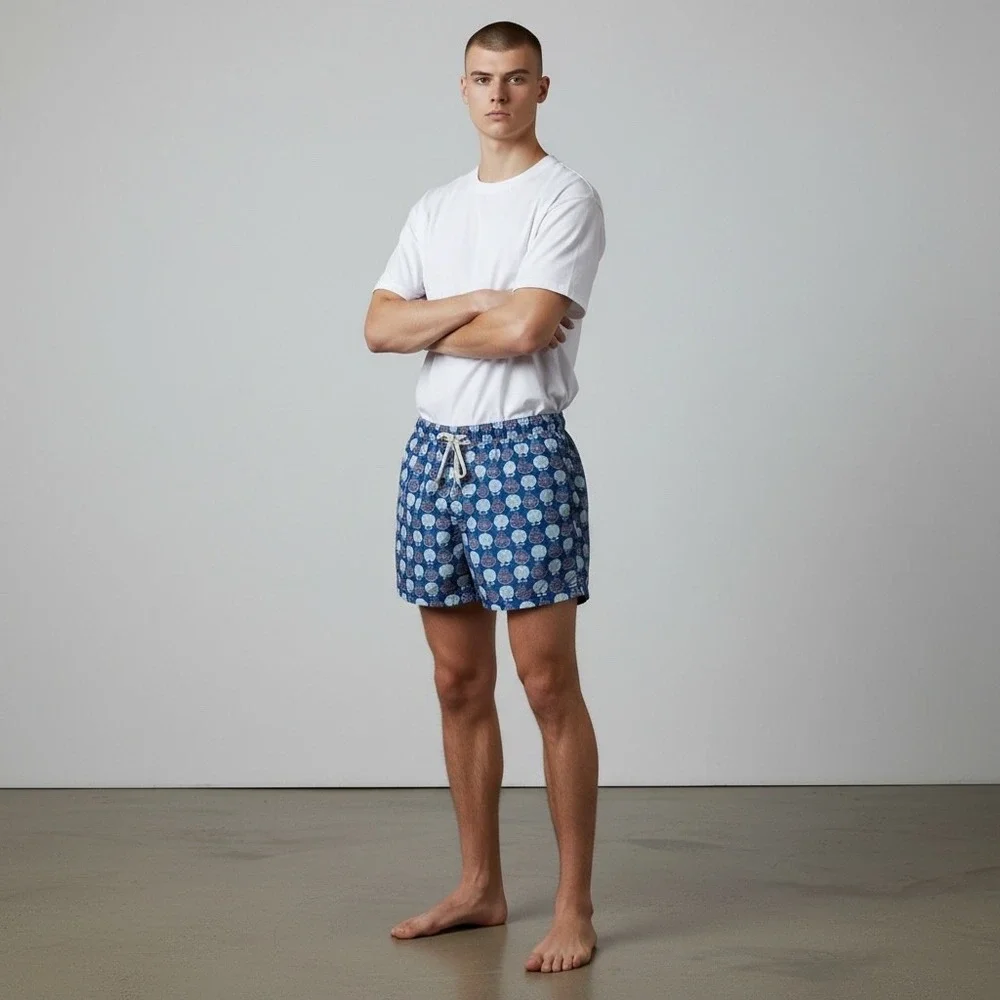 PALMACEA Men's Swim Trunks Navy Blue Shell Print Elastic Waist Drawstring Size M